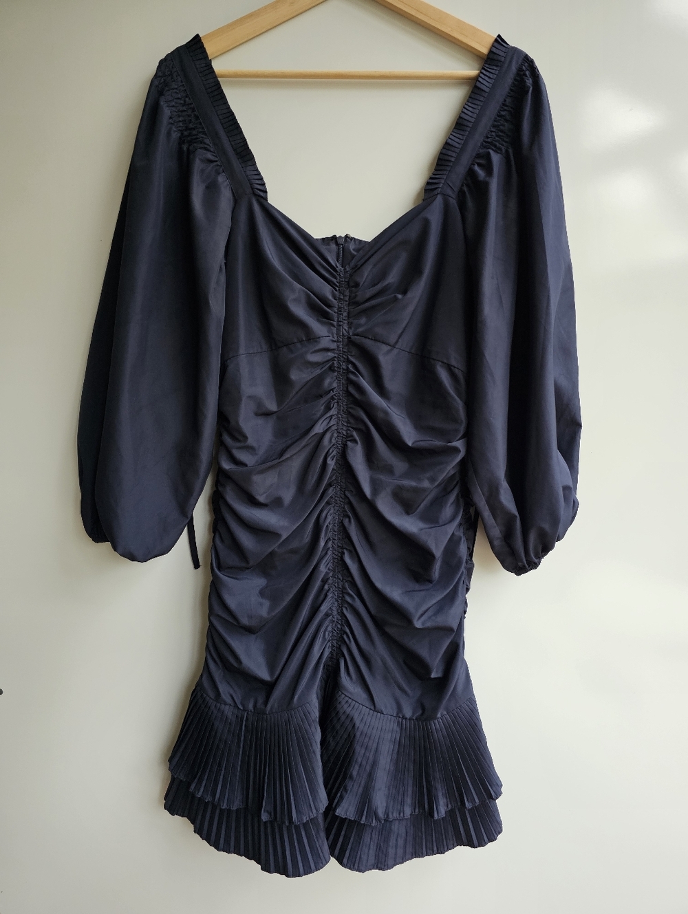 Parker Mina Ruched Puff Sleeve Pleated Ruffle Mini Dress Midnight Blue 4 Flaw
